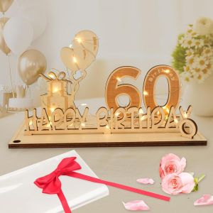Carte Anniversaire 60 Ans, Décoration d`anniversaire Cadeau Homme Femme avec Chaîne Lumineuse LED & N?ud Papillon & Papier Cadeau, Panneau en Bois Cadeau Argent Décoration de Table Livre d'or - Neuf
