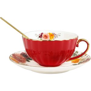 3 Pi&egrave;ces Vintage Rouge Tasse &Agrave; Th&eacute; Avec Soucoupe,Tasse &Agrave; Th&eacute; Florale Avec Cuill&egrave;re,Tasse &Agrave; Caf&eacute; En Porcelaine Pour Latte,Cappuccino,200ml - Neuf