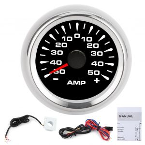 Amperemetre 50 A, ecran LCD, moteur pas a pas, amperemetre, etancheite IP67, universel, cadran noir, cadre argente - Neuf