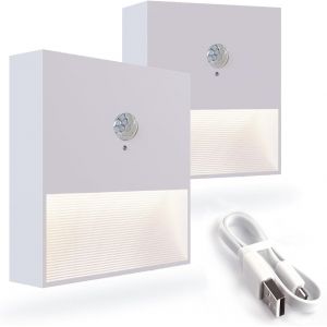 Veilleuse Rechargeable, 2pcs Veilleuse Led Escalier Detecteur De Mouvement, 2 Niveaux Luminosités, Veilleuses Pile Pour Enfant, Chambre, Escalier, Couloir, 3000k Blanc Chaud - Neuf