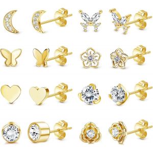 Kal-8 Paires Boucles D'oreilles Pour Femme Filles Petite Boucles D'oreilles En Acier Inoxydable Argent Hypoallerg&eacute;niques Boucles D'oreilles Lune Coeur Papillon Zircone Cubique Boucles Doreilles - Neuf