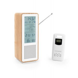 SUBZONAL-Enceinte Bluetooth 5.3 et Station M&eacute;t&eacute;o Sans Fil, Radio FM, Horloge Radiopilot&eacute;e, Thermom&egrave;tre et Hygrom&egrave;tre Int&eacute;rieur/Ext&eacute;rieur, Qualit&eacute; de l'Air, Structure Bois - Blanc - WS102TWH - Neuf
