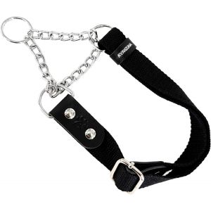 Kal-Martingale Collier Semi Etrangleur Pour Chien Avec Chaîne Et Cuir. Anti Traction. M. Noir & Noir - Neuf