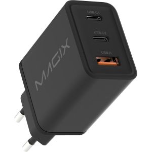 Chargeur 3 Ports 65w, Gan Pd Power Delivery, 2x Usb-C Et 1x Usb-A, Pour Macbook Pro, Dell Xps, Iphone Série 15/14/13/12 Etc, Ipad Et Autres (Eur Plug) - Neuf