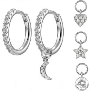 Kal-Boucles D'oreilles Cr&eacute;oles Avec Pendentif Femme Petites Cr&eacute;oles Zircone Cubique Boucles D'oreille Pendantes Coeur Boucles D'oreilles Etoile Lune Huggie Hoops Cr&eacute;oles Pour Fille - Neuf