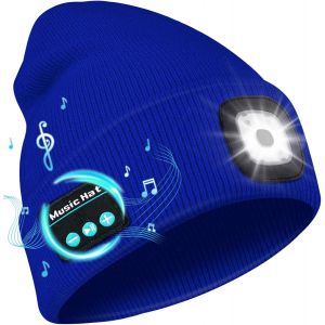 Bonnet Bluetooth Avec Led Lampe, Bonnet Musique Bluetooth V5.0 Avec &Eacute;couteurs Sans Fil Usb Rechargeable Bonnet Tricot&eacute; D'hiver Chaud Chapeau Lumiere Frontale, Cadeau De No&euml;l Pour Homme Femme - Neuf