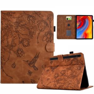 &Eacute;tui en cuir intelligent emboss&eacute; avec fleurs et oiseaux pour Samsung Galaxy Tab S7 / S8, Marron - Neuf