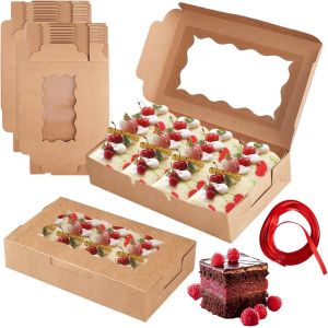 LETNERNY-20 Pièces Boite Papier Kraft Marron, Boite Patisserie Carton Avec Fenetre Transparente, Boite Biscuit Carton, Avec Ruban Rouge Pour Cookies, Cupcakes, Cadeaux, Bonbon, 17.8 X 11 X 3.8 Cm - Neuf