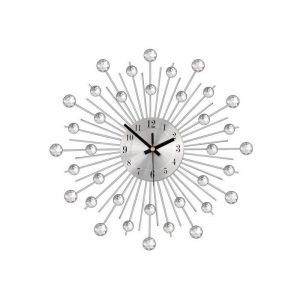Horloge murale ronde silencieuse en m&eacute;tal de 33 cm, d&eacute;coration d'int&eacute;rieur argent&eacute;e avec diamants en acrylique - Neuf
