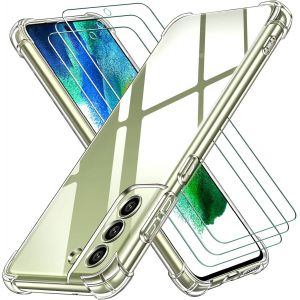 Coque Pour Samsung Galaxy S21 Fe 5g / 4g (Pas Pour Samsung Galaxy S21) Avec 3 Pi&egrave;ces Verre Tremp&eacute;, Transparent &Eacute;tui De Protection En Silicone Antichoc, Clair Mince Souple Tpu Bumper Housse - Neuf