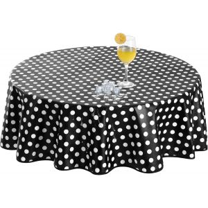 Nappe Pois Noir et Blanc Ronde 120 cm,élégante Nappe Exterieur 100% Impermeable Jardin,PVC 350GSM Anti-Taches,Plastique,pour Barbecue,Salle,Anniversaire,mariag,Table Basse,Picnic,Fete - Neuf