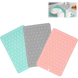 Eryi-Tapis Egouttoir Vaisselle, Tapis De Séchage Vaisselle, Tapis Égouttoir En Silicone, Tapis D'égouttage, Tapis De Séchage De Cuisine, Pour Un Séchage Rapide, 3 Pièces, Bleu + Gris + Rose, 20x30cm - Neuf