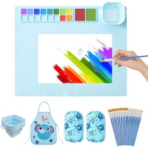 Ayuhr-Tapis Peinture Silicone 41×51cm Avec 20 Pinceaux De Peinture 1 Nettoyage Tasse Tablier Et Manchon De Bras Tapis De Table Pour L'artisanat Peinture Projets De Bricolage En Argile - Bleu - Neuf