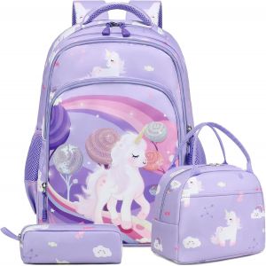 Cartable Fille Licorne Primaire Sac à Dos Licorne Enfant Sets de Sacs Scolaires CE1 CE2 + Isotherme Panier Repas + Trousse - Neuf