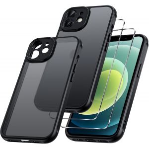 Maa-3 En 1 Coque Mat Pour Iphone 12 6,1 Pouces, Avec 2 Verre Trempé Protection Écran, Etui Translucide Givrée Arrière Housse Antichoc Case, Cover Anti-Empreintes Digitales, Noir - Neuf