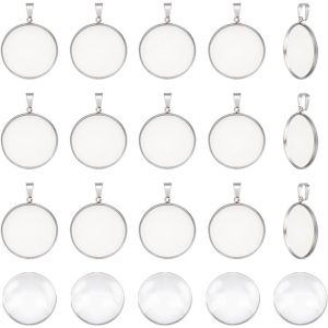KAL-Ensembles De Pendentifs Cabochon 304 Breloques De Collier De Cabochon Rond Acier Inoxydable Avec Des B&eacute;li&egrave;res De Pincement Des Plateaux De Pendentif De Lunette Avec Cabochon En Verre - Neuf