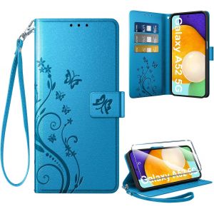 CAUC-Coque pour Samsung Galaxy A52 5G /A52s 5G/A52 4G + 1 Verre Tremp&eacute;, Retro Design Housse Premium en Cuir PU Pochette de Portefeuille pour Porte Cartes Fonction Stand Flip Etui, Bleu - Neuf