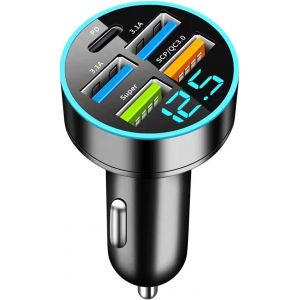 5 Ports Chargeur Allume Cigare USB C, Chargeur USB de Voiture 66W, USB-C/A Prise Allume Cigare, avec Voltm&egrave;tre LED Adaptateur Voiture pour iPhone, iPad, Samsung, Smartphones, TablettesA - Neuf
