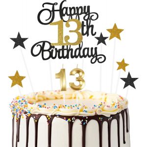 MEVRONISSHOP-9pcs D&eacute;corations de G&acirc;teau &laquo; Joyeux 13e Anniversaire &raquo;, Bougie Num&eacute;ro 13 pour G&acirc;teau D'anniversaire, D&eacute;coration de G&acirc;teau en Forme D'&Eacute;toile Noir et Or Pour F&ecirc;te de D'anniversaire (Or Noi - Neuf
