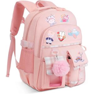 Sac D'éCole Primaire pour Filles,Sac à Dos de Grande Capacité pour Filles Avec Pochette Verrouillable,Sac D'éCole à Rayures RéFléChissantes avec Pendentif en Peluche et Badge Mignon - Neuf