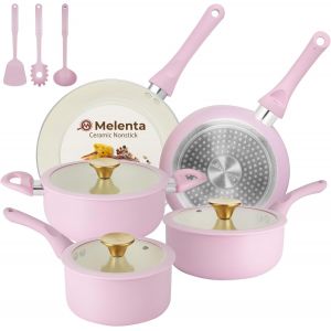 Letnerny-Ensemble De Casseroles Et Poêles Antiadhésives, En Céramique Rose, 11 Pièces, Batterie De Cuisine À Induction, Ensemble De Cuisine Sain Non Toxique, Couvercles À Boutons Dorés, Poignées Qui - Neuf