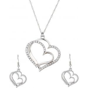Meimie-Parures De Bijoux En Strass Pour Femmes,2-Pièces Double Couche Pendentif C?Ur Collier Boucles D'oreilles Set Strass Brillant,Chaînes C?Ur Longueur Réglable Femmes Filles,Argent/Doré - Neuf