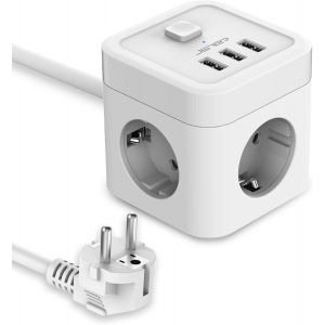 Multiprise Cube avec USB, Bloc Multiprise 3 Prises avec 3 Ports USB Chargeur (3680W 16A) Parasurtenseur Parafoudre et Surtension avec Interrupteur Cable 5M-Blanc - Neuf