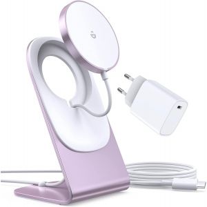 JGD-Chargeur Mag-Safe, Chargeur sans Fil avec Station de Charge iPhone, Station de Charge inductive, Chargeur &agrave; Induction magn&eacute;tique, Chargeur Rapide sans Fil Compatible avec iPhone 15/14/13 Rose - Neuf