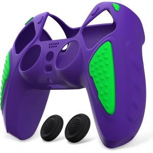 Coque Manette pour ps5 Protection Accessoire pour ps5 Controller Cover Housse Silicone avec Capuchon Joystick,&Eacute;dition Chevalier-N&eacute;on Genesis Violet & Vert - Neuf