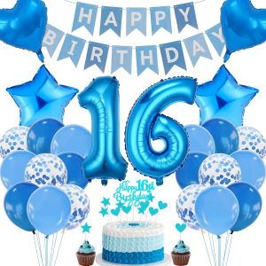 ERYI-Décoration 16E Anniversaire Garçon Et Fille - Kit Bleu Pour Gâteau Et Fête - Neuf
