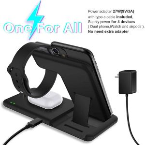 4 En 1 Station De Chargeur Sans Fil Pour Airpods Pro Apple Watch Se/6-1,Support De Station De Chargement Rapide Sans Fil Qi 15W Pliable Compatible Avec Iphone 12/11/Xr/X/Galaxy Note20/S20/Ultra - Neuf