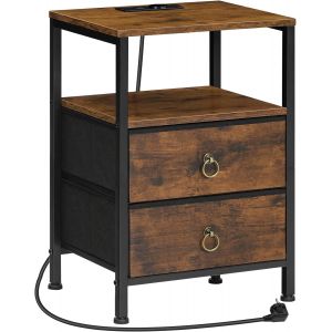 Ulteronixshop-Table de Chevet avec Station de Charge, Table d&iquest;Appoint avec 2 Tiroirs en Tissu Non-tiss&eacute; et &eacute;tag&egrave;re Ouverte, Marron Rustique et Noir EBF110CBZ01 - Neuf