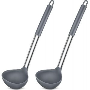 Kal-Lot De 2 Louches À Soupe En Silicone De 31 Cm Avec Poignée En Acier Inoxydable - Grande Cuillère Pour Servir Des Soupes - Résistantes À La Chaleur Et Anti-Adhésives - Facile À Nettoyer - Gris - Neuf