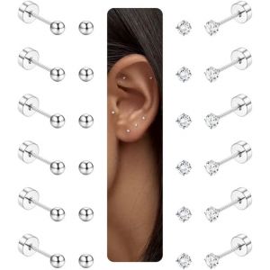 Kal-12 Paires Boucles D'oreilles Pour Femmes Hommes Filles Plaqué Or 14k Acier Chirurgical 316l Cartilage Piercing Tiny Boucles D'oreilles 20g Clear Cz Ronde Vis À Bille Flatback Boucles D'oreilles - Neuf