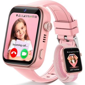 4G Montre Connectée Enfant, Smartwatch Enfant Avec Gps Et Téléphone, Appel Vidéo, Sos, Mode Classe, Whatsapp, Wifi, Ip68, Sim, Podomètre, Réveil, Montre Intelligente Garcon/Fille, Rose - Neuf