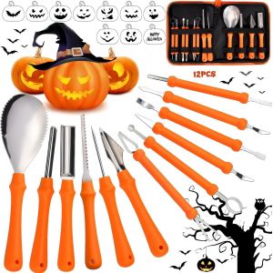 Oayew-Kit De Sculpture Pour Citrouille,12 Pcs De Sculpture De Citrouille En Acier Inoxydable,Avec 10 Pochoirs,1 Sac &Agrave; Glissi&egrave;re,Peuvent Facilement Sculpter La D&eacute;coration De Citrouille D'halloween - Neuf