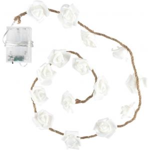 Kal-Guirlande Lumineuse À Led,Fonctionne Sur Piles,Avec Roses Blanches Sur Corde De Jute Élégante,15 Led En Blanc Chaud, 18 Heures Éteinte),Idéal Comme Décoration De Mariage - Neuf