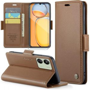 Kal-Coque Pour Xiaomi Redmi 13c/Poco C65 4g+ 2 Pièces Verre Trempé,Antivol,Prend En Charge Le Chargement Sans Fil, Pochette Fermeture Magnétique Flip Case-Marron - Neuf