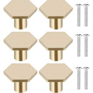 6Pcs poignées de porte en laiton massif,boutons de tiroir hexagonal en or,boutons de placard,boutons de porte - Neuf