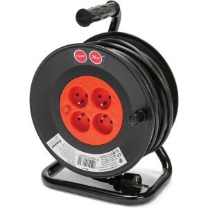 REEL-FR-40 Rallonge Prolongateur électrique 40 m avec enrouleur 4 Prises 16 A section 3G1,5 mm² + coupe-circuit. Noir et Rouge - Neuf