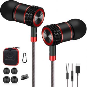 AYU-Écouteurs Haute Qualité Audio, USB Type C, écouteurs Intra-auriculaire Filaire,Ecouteur avec Micro et réduction du Bruit,Oreillette avec Son Surround Jack Noir et Rouge - Neuf