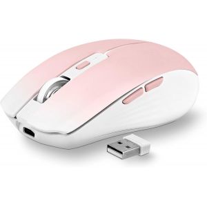 Souris sans Fil Design, Double Mode Bluetooth et USB-A, Rechargeable Haute Autonomie, Silencieuse, Précision 1600 DPI, 6 Boutons, Compatible Windows, Linus et MacOs - Rose - Neuf