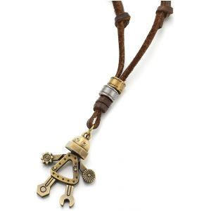 Kal-Steampunk Robot Pendentif Antique Bronze Finition Cuir Collier Pour Homme - Cordon En Cuir R&eacute;glable - Neuf