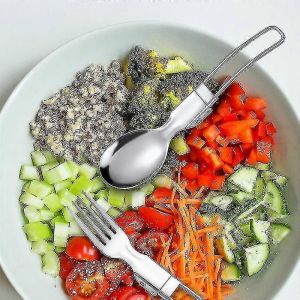 Ensemble De Couverts De Camping Pliant, Couteau Portable En Acier Inoxydable Et Cuill&egrave;re De Fourchette Avec Une Pochette En Nylon Kit De Couverts De Voyage En Plein Air 9pcs - Neuf