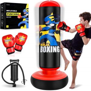 Punching Ball Avec Gants De Boxe Et Pompe, Sac De Boxe Enfant 168 Cm - Id&eacute;al Pour Karat&eacute;, Taekwondo, Cadeau Parfait Pour Gar&ccedil;ons & Filles De 5 &Agrave; 12 Ans - Neuf