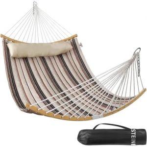 Bathonly Hamac Double En Tissu Matelassé De 335 Cm Pour L'extérieur Avec Oreiller,Barre D'écartement Incurvée Pliable,Chaînes,Sac - Neuf