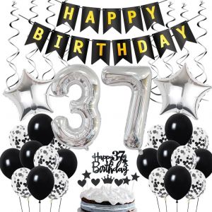 SJZG-D&eacute;coration 37E Anniversaire, D&eacute;co Anniversaire 37 Ans Hommes, D&eacute;co 37E Anniversaire Homme, D&eacute;co 37 Ballon Noir Et Argent, D&eacute;co Ballon F&ecirc;te 37E Anniversaire, D&eacute;co 37E Anniversaire Homme Femme - Neuf