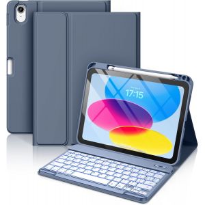 Coque Clavier Pour Ipad A16 11/10 &Egrave;me Generation (11 Pouces 2025/10.9 Pouces 2022), &Eacute;tui Keyboard 7 Couleurs R&eacute;tro&eacute;clair&eacute;es Avec Porte Crayon, Azerty Layout Pour Ipad 10eme/11eme, Bleu Gris - Neuf