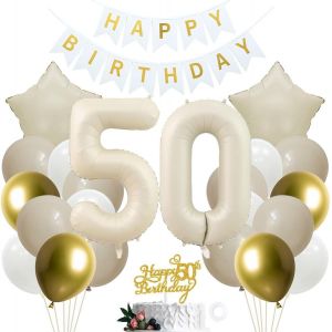D&eacute;coration D'anniversaire 50 Ans Pour Fille Et Gar&ccedil;on - Blanc Et Dor&eacute; - D&eacute;coration De 50 Ans - Neuf