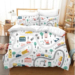 Tzf-Parure De Lit Pour Enfant - 135 X 200 Cm - Avec Housse De Couette - Impression 3d - Motif : Pelleteuse, Tracteur Et Voitures - Pour Garçons Et Filles - Avec Taie D'oreiller (A-3, 200 X 200 Cm) - Neuf